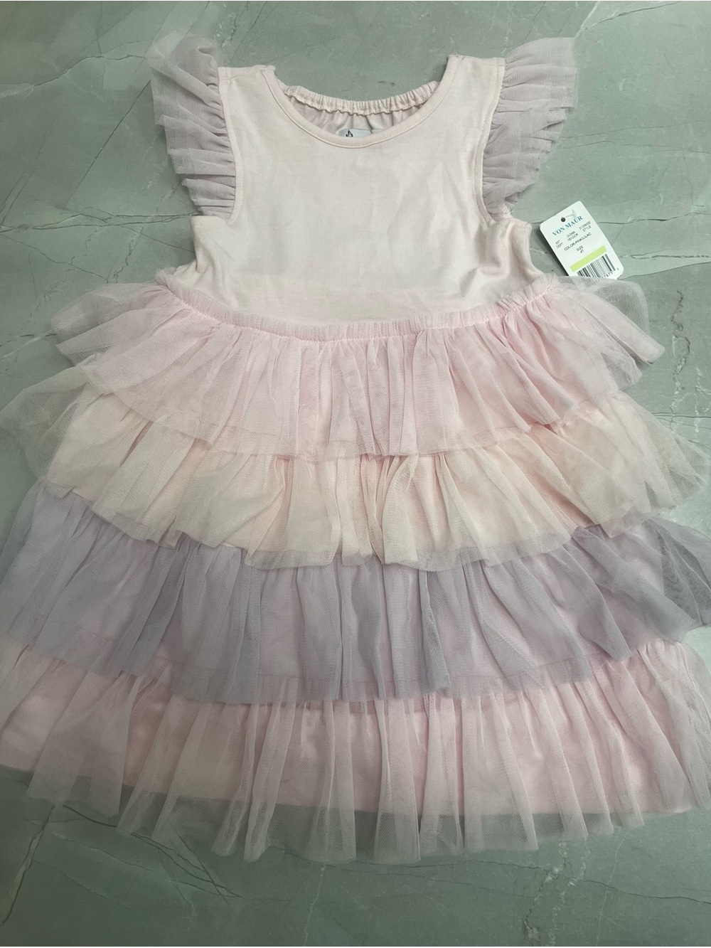 Pippa & Julie tiered dress featuring pink and lavender tulle layers.